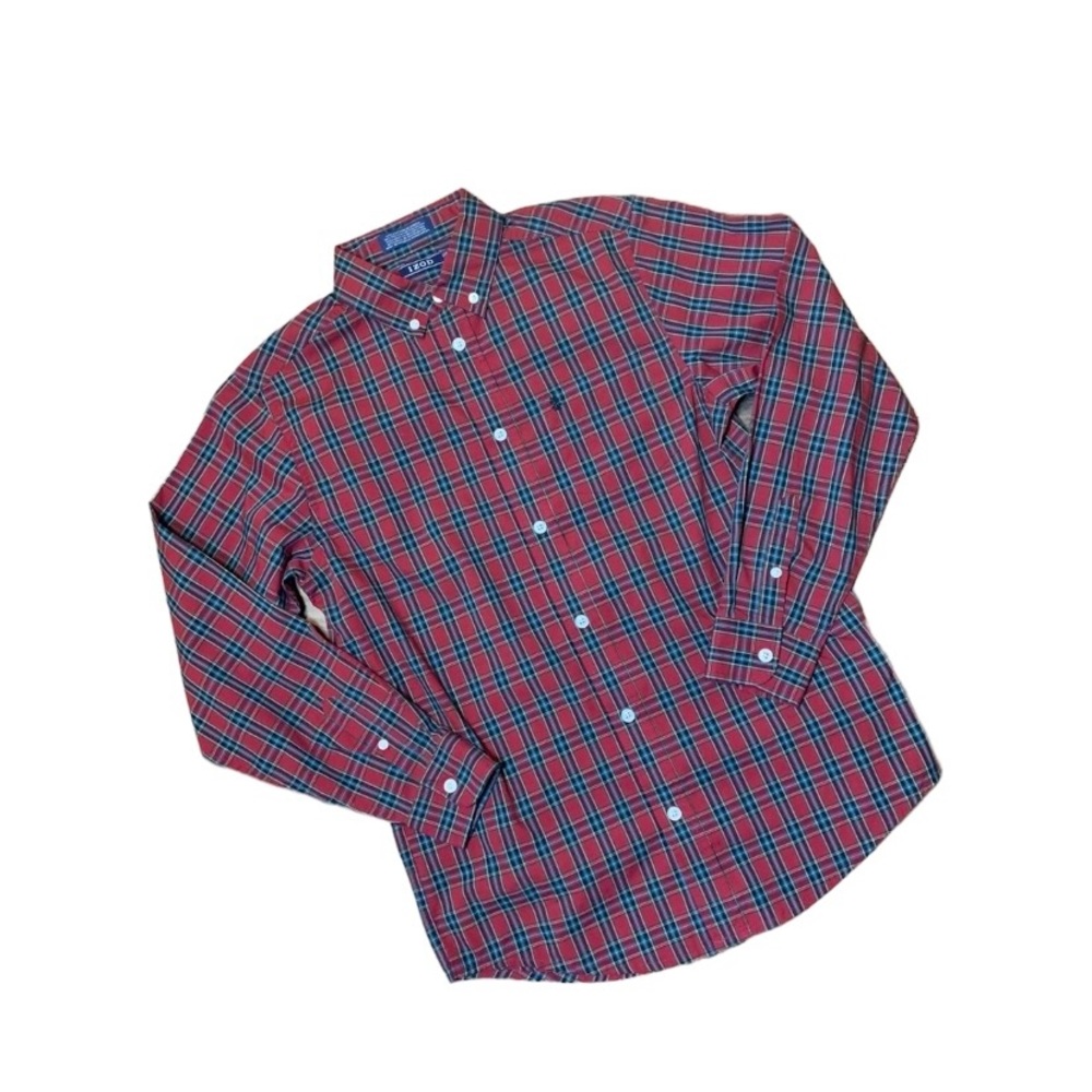 Boy's IZOD Button Up Plaid Shirt Red Green Size Large 14-16